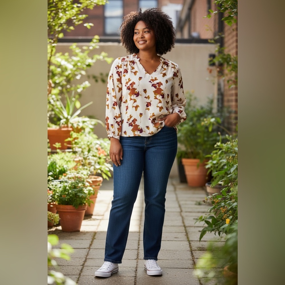 Ann Taylor Cream Blouse with Rust and Plum Floral Print